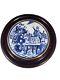 Hand Painted Chinese Porcelain Blue / White Plaque Wood Framed, 10 Diameter