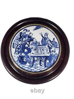 Hand Painted Chinese Porcelain Blue / White Plaque Wood Framed, 10 Diameter