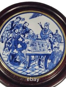 Hand Painted Chinese Porcelain Blue / White Plaque Wood Framed, 10 Diameter