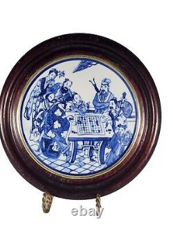 Hand Painted Chinese Porcelain Blue / White Plaque Wood Framed, 10 Diameter