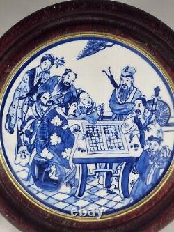 Hand Painted Chinese Porcelain Blue / White Plaque Wood Framed, 10 Diameter