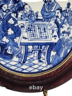 Hand Painted Chinese Porcelain Blue / White Plaque Wood Framed, 10 Diameter