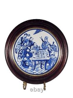 Hand Painted Chinese Porcelain Blue / White Plaque Wood Framed, 10 Diameter