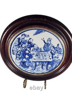 Hand Painted Chinese Porcelain Blue / White Plaque Wood Framed, 10 Diameter