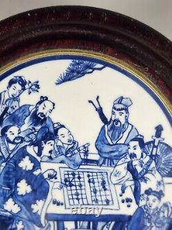 Hand Painted Chinese Porcelain Blue / White Plaque Wood Framed, 10 Diameter