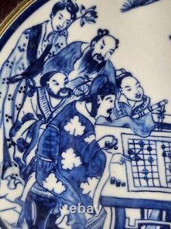 Hand Painted Chinese Porcelain Blue / White Plaque Wood Framed, 10 Diameter