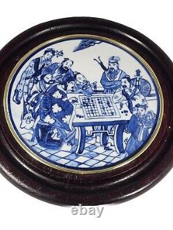 Hand Painted Chinese Porcelain Blue / White Plaque Wood Framed, 10 Diameter