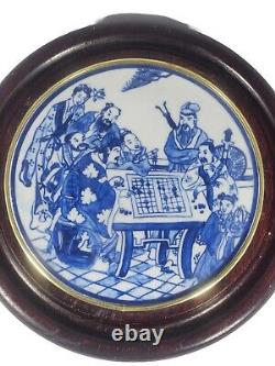 Hand Painted Chinese Porcelain Blue / White Plaque Wood Framed, 10 Diameter