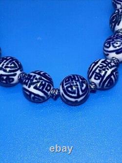 Hand Painted Chinese Porcelain Blue White Shou Beads Necklace Vermeil Clasp