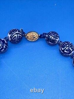 Hand Painted Chinese Porcelain Blue White Shou Beads Necklace Vermeil Clasp