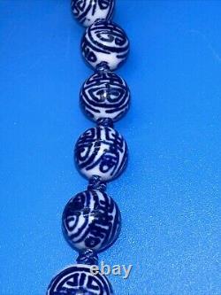 Hand Painted Chinese Porcelain Blue White Shou Beads Necklace Vermeil Clasp