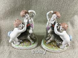 Hand Painted Figurines Continental Figures Antique Classical Goat Cherubs PAIR