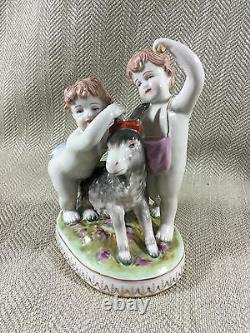 Hand Painted Figurines Continental Figures Antique Classical Goat Cherubs PAIR