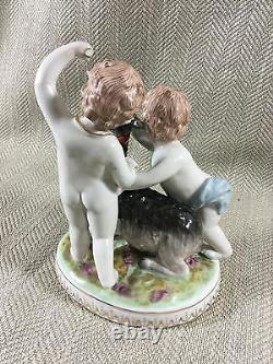 Hand Painted Figurines Continental Figures Antique Classical Goat Cherubs PAIR