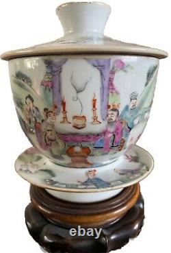 Hand Painted Gaiwan Set Probably Late 19th Century. Unusual Design. VG Condition