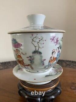 Hand Painted Gaiwan Set Probably Late 19th Century. Unusual Design. VG Condition