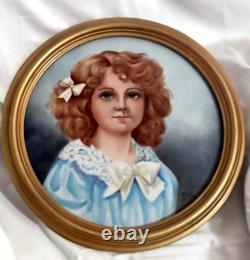 Hand-Painted Porcelain Portrait Artist J. E. Helm Girl in Blue Dress w Gold Frame