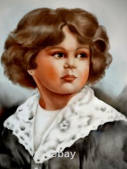 Hand-Painted Porcelain Portrait Artist J. E. Helm Girl w Lace Collar Blonde Frame