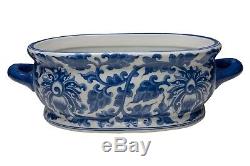 Hand Painted Thai Floral Lotus Motif Blue and White Porcelain Foot Bath Basin