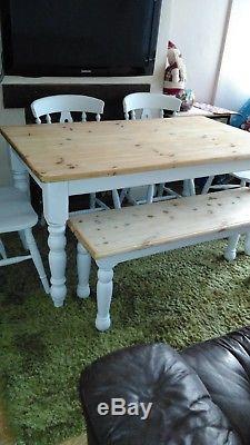 Hand painted dusty porcelain farmhouse table with 4 chairs and a bench