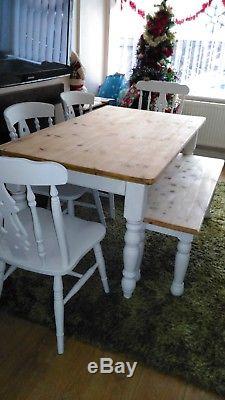 Hand painted dusty porcelain farmhouse table with 4 chairs and a bench