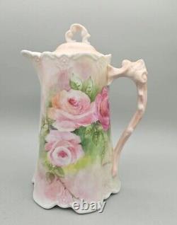 Hand painted porcelain pitcher pink white roses antique style with Artists Sign