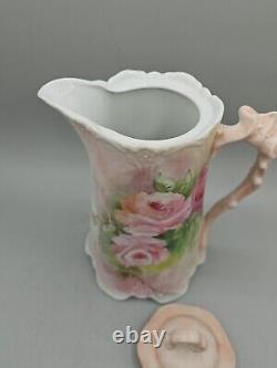 Hand painted porcelain pitcher pink white roses antique style with Artists Sign