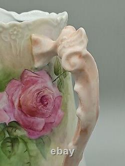 Hand painted porcelain pitcher pink white roses antique style with Artists Sign