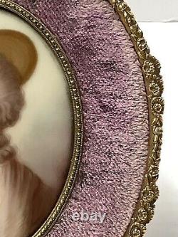 Handpainted Porcelain Plaque. Portrait Lady. Antique French Dore Bronze Frame