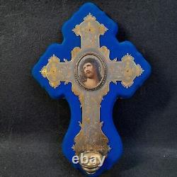 Hanging Crucifix/blessing Fountain. Made In Hand Painted Porcelain, 20th Century