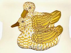 Herend 7971 Porcelain Yellow Fishnet Trinket Box Mallards Ducks 5 Hand Painted