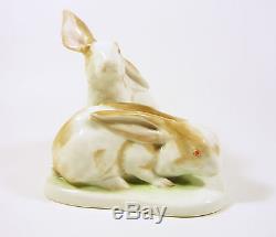 Herend, A Pair Of Brown & White Rabbits 5.1, Handpainted Porcelain Figurine