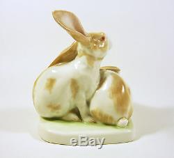 Herend, A Pair Of Brown & White Rabbits 5.1, Handpainted Porcelain Figurine