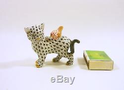 Herend, Black Fishnet Cat & Bird Friend 3, Handpainted Porcelain Figurine