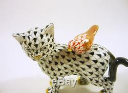 Herend, Black Fishnet Cat & Bird Friend 3, Handpainted Porcelain Figurine