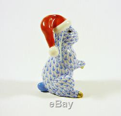 Herend, Blue Fishnet Bunny In Christmas Hat 3, Handpainted Porcelain Figurine