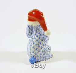 Herend, Blue Fishnet Bunny In Christmas Hat 3, Handpainted Porcelain Figurine
