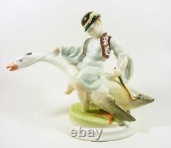 Herend Goose Rider Boy, Matyo Embroidery, Handpainted Porcelain Figurine! (j081)