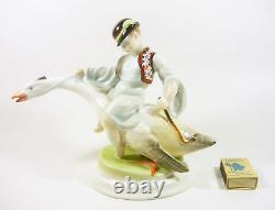 Herend Goose Rider Boy, Matyo Embroidery, Handpainted Porcelain Figurine! (j081)