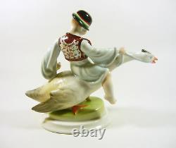 Herend Goose Rider Boy, Matyo Embroidery, Handpainted Porcelain Figurine! (j081)