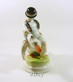 Herend Goose Rider Boy, Matyo Embroidery, Handpainted Porcelain Figurine! (j081)