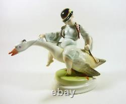 Herend Goose Rider Boy, Matyo Embroidery, Handpainted Porcelain Figurine! (j081)