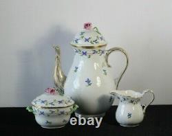 Herend Hand Painted Porcelain Blue Garland Coffee Tea Pot Sugar & Creamer