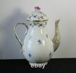 Herend Hand Painted Porcelain Blue Garland Coffee Tea Pot Sugar & Creamer