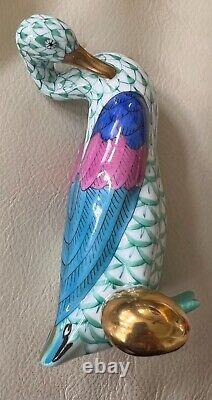 Herend Hand Painted Porcelain Goose with Gold Egg Figurine, Hungary Green Fishnet