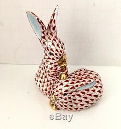 Herend Hungary Hand Painted Red & White Two Bunny Rabbit Fishnet Porcelain