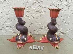 Herend Hungary Set Of 2 Hand Painted Porcelain Koi Fish Candle Holders