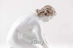 Herend Nude Lady Bathing With Towel, Handpainted Porcelain Figurine