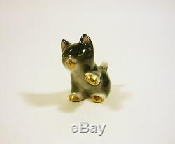 Herend, Playful Black Cat Kitty, Miniature Handpainted Porcelain Figurine