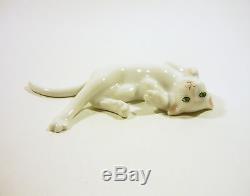 Herend, Playful White Minnie Cat Laying 4.5, Handpainted Porcelain Figurine
